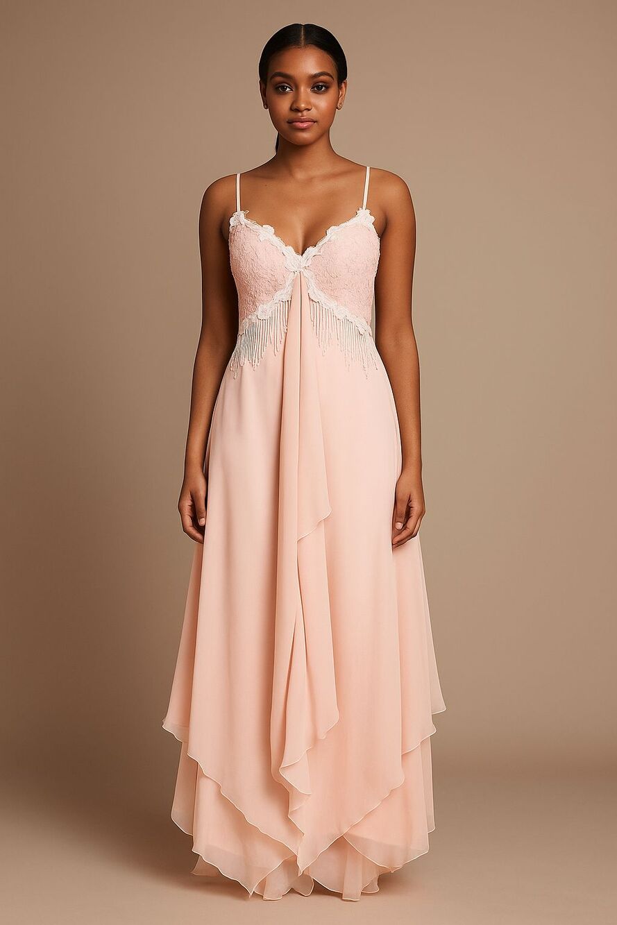 Vintage Loralie Pink Chiffon Dress 10 Babydoll Lacey Beaded Fairycore Ethereal